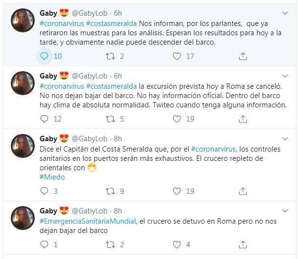 Mensajes de argentina en crucero con Coronavirus, Twitter