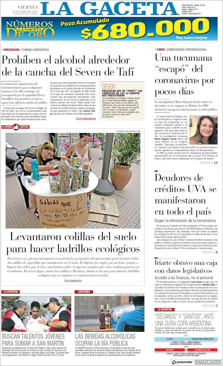 Tapas de diarios, La Gaceta, viernes 31 de enero de 2020	