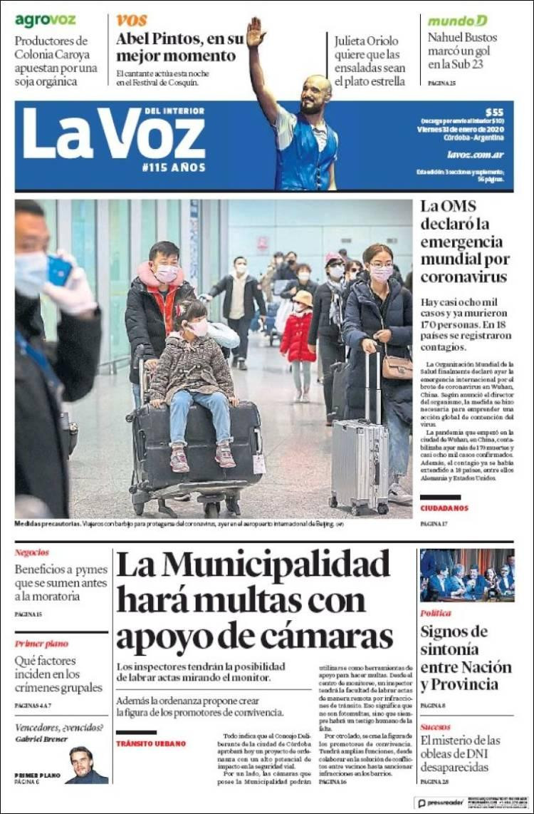 Tapas de diarios, La Voz, viernes 31 de enero de 2020	
