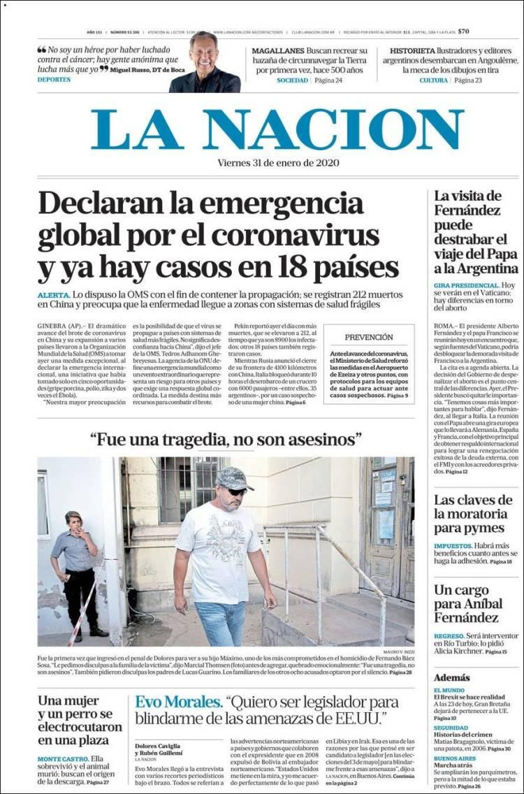 Tapas de diarios, La Nación, viernes 31 de enero de 2020	