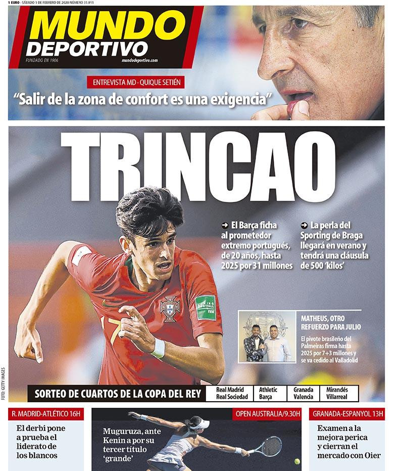 Tapas de diarios, Mundo Deportivo de España, sábado 1 de febrero de 2020
