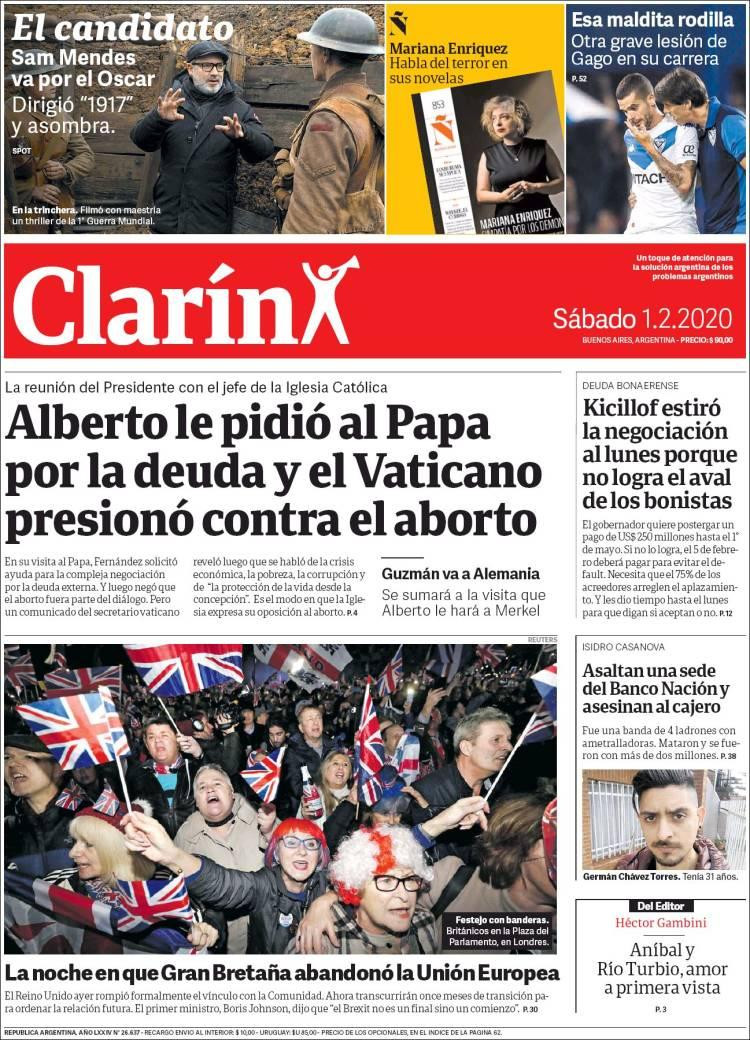 Tapas de diarios, Clarín, sábado 1 de febrero de 2020	