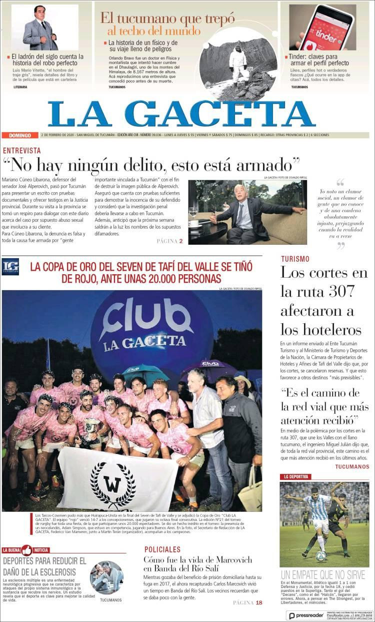 Tapas de diarios, La Gaceta, domingo 2 de febrero de 2020	