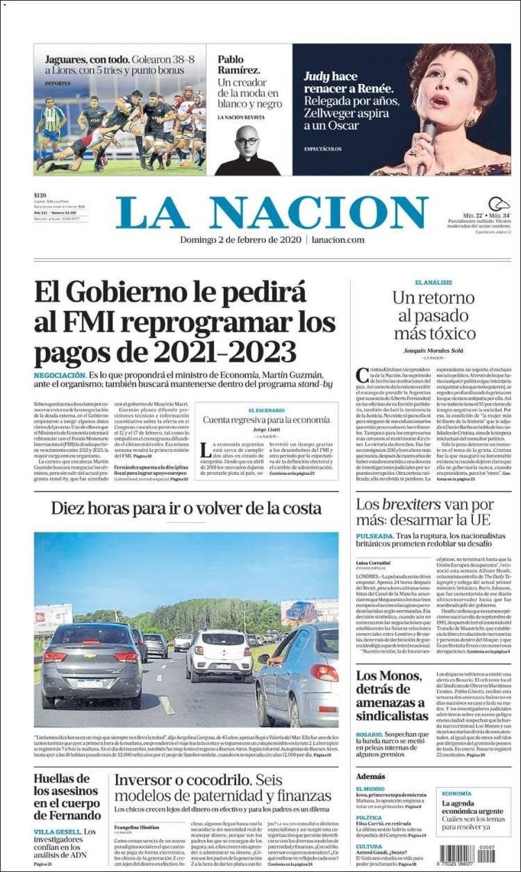 Tapas de diarios, La Nación, domingo 2 de febrero de 2020	