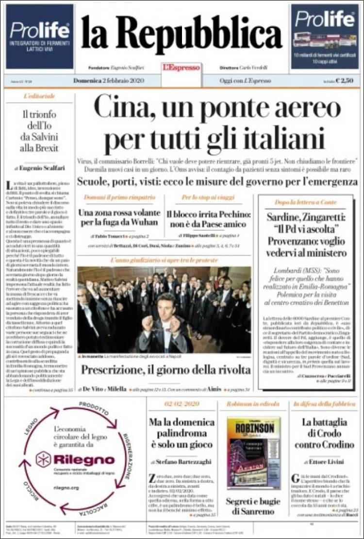 Tapas de diarios, República, Italia, domingo 2 de febrero de 2020	
