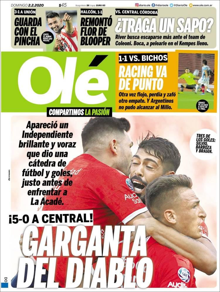Tapas de diarios, Olé, domingo 2 de febrero de 2020	