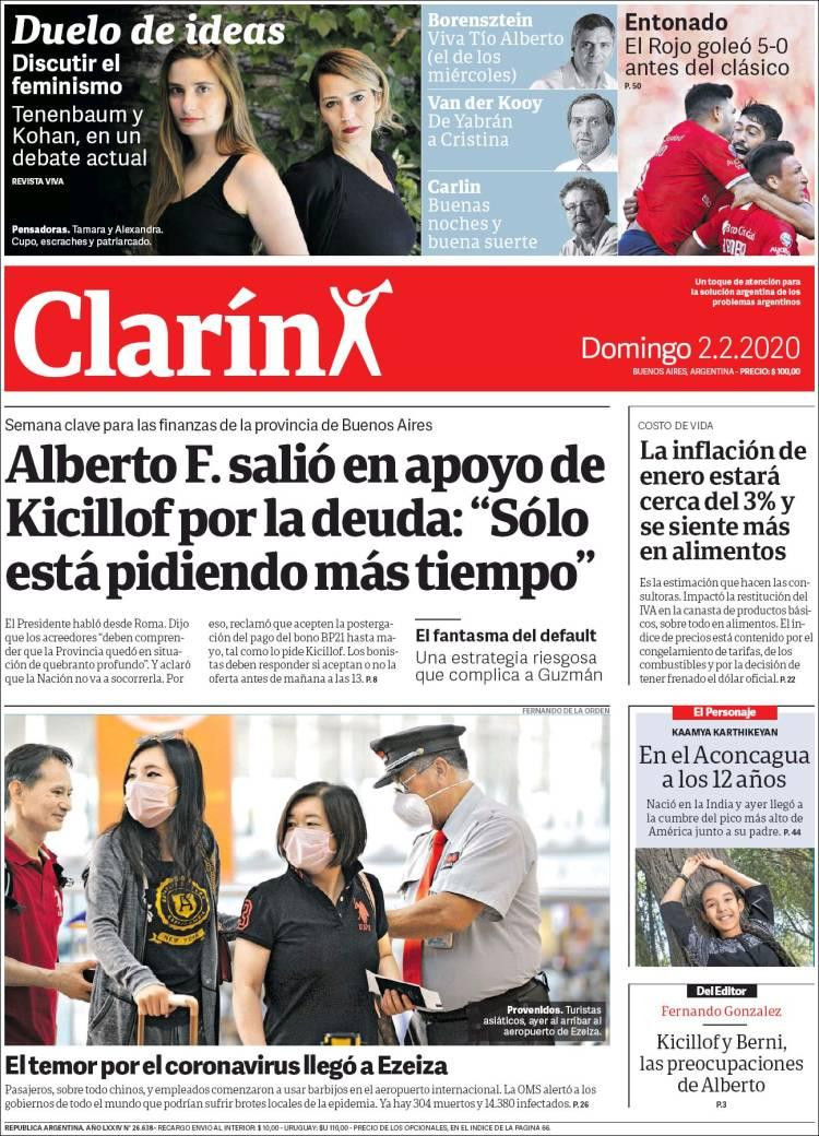 Tapas de diarios, Clarín, domingo 2 de febrero de 2020	
