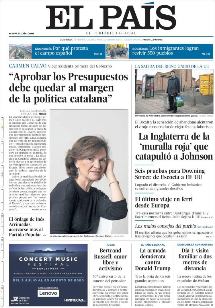 Tapas de diarios, el País, domingo 2 de febrero de 2020	