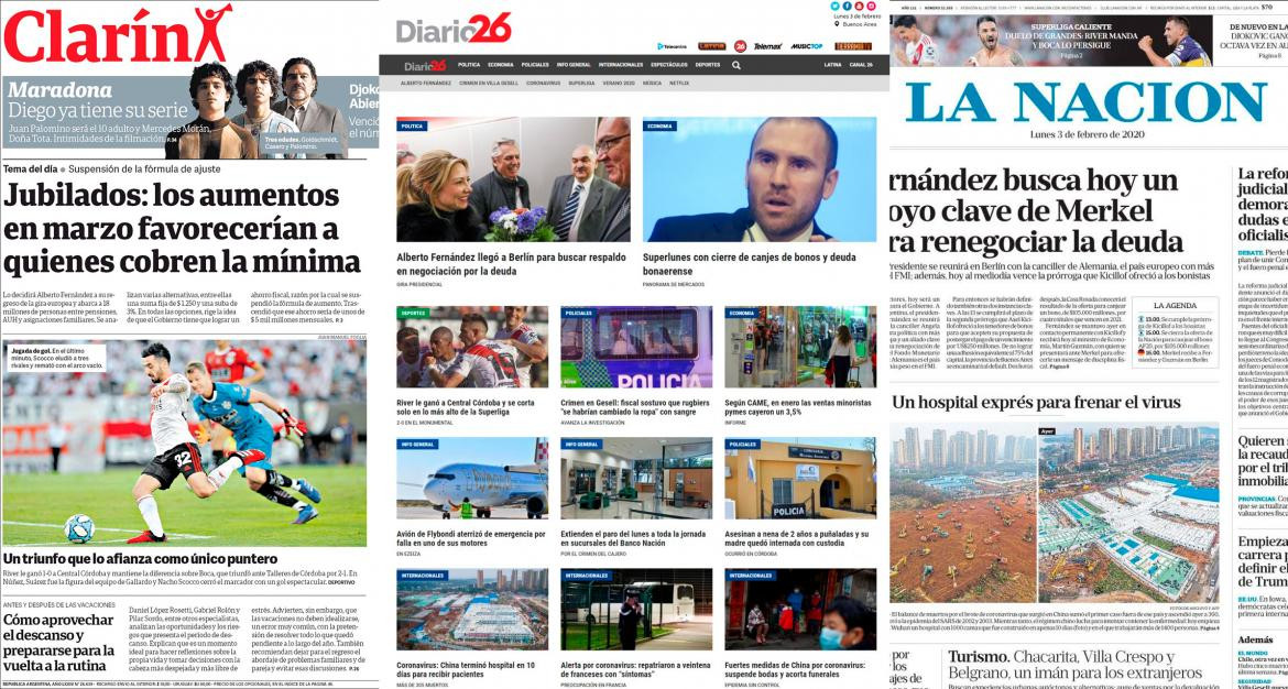Tapas de diarios argentinos, Diario26, lunes 03-02-20	
