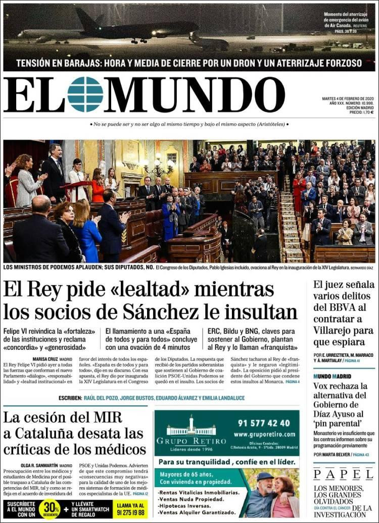 Tapas de Diarios - Martes 4-02-20 - EL MUNDO