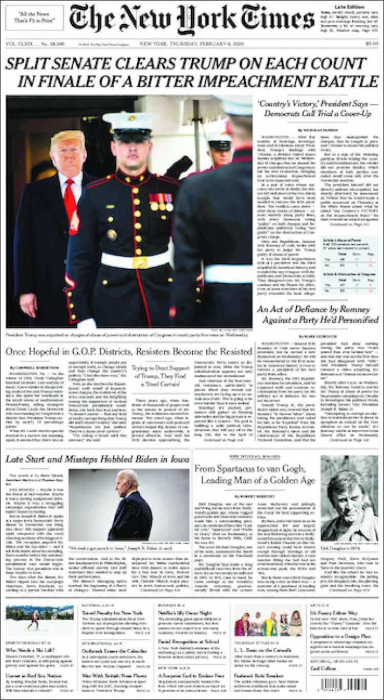 Tapas de Diarios, New York Times jueves 6 de febrero de 2020