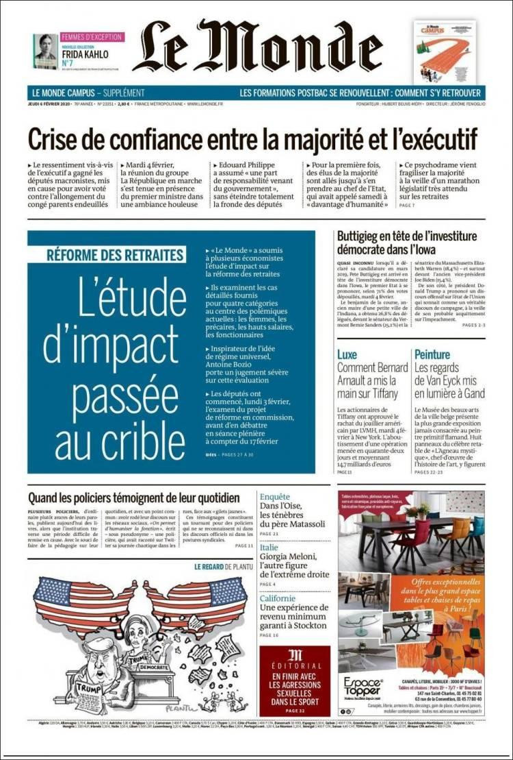 Tapas de Diarios, Le Monde jueves 6 de febrero de 2020