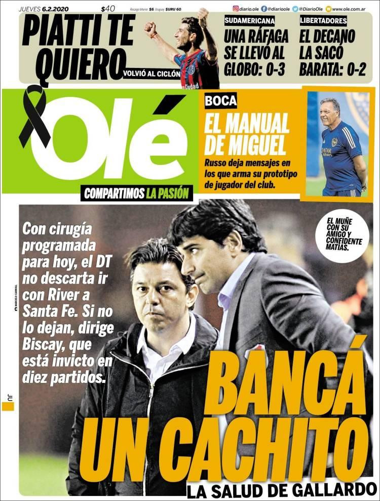 Tapas de Diarios, Olé jueves 6 de febrero de 2020