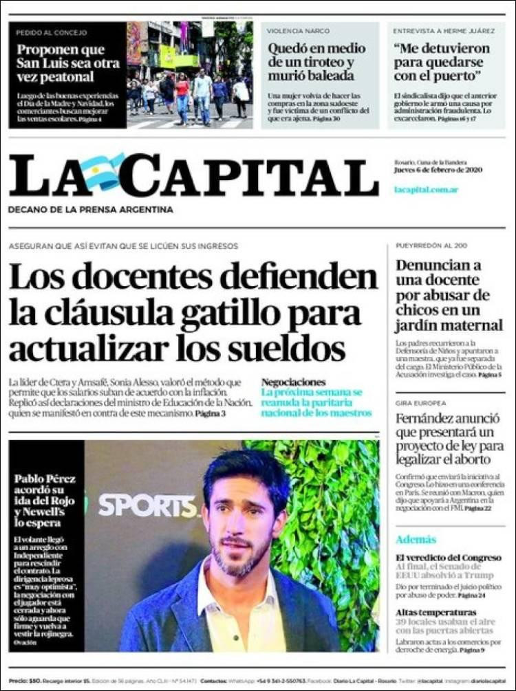 Tapas de Diarios, La Capital jueves 6 de febrero de 2020