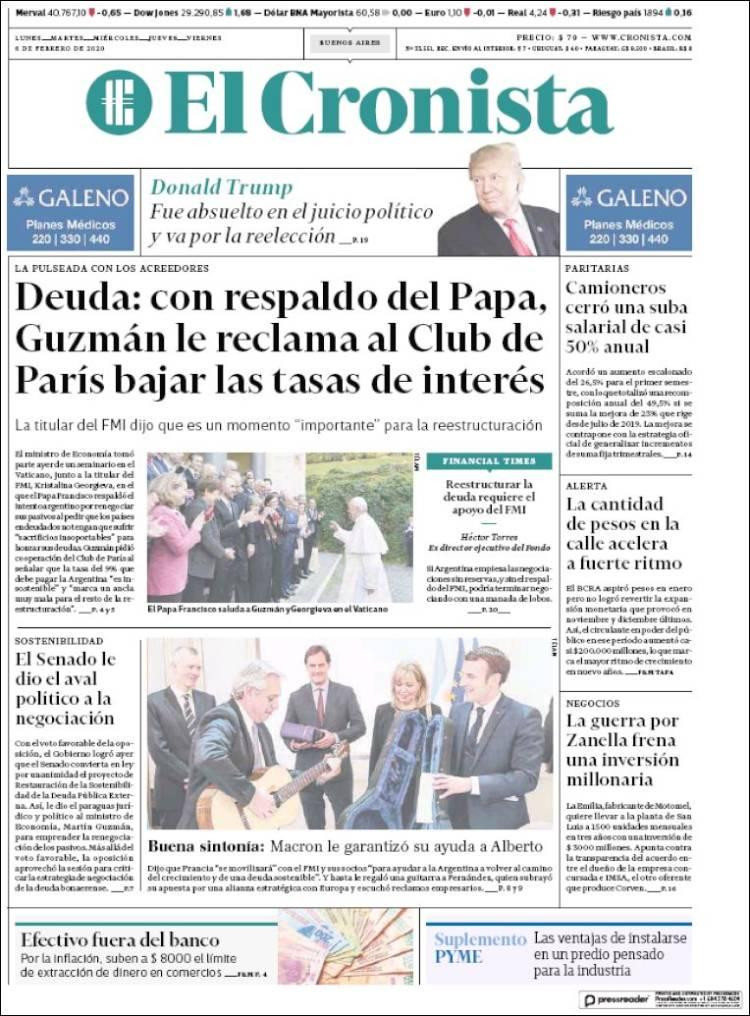 Tapas de Diarios, El Cronista jueves 6 de febrero de 2020