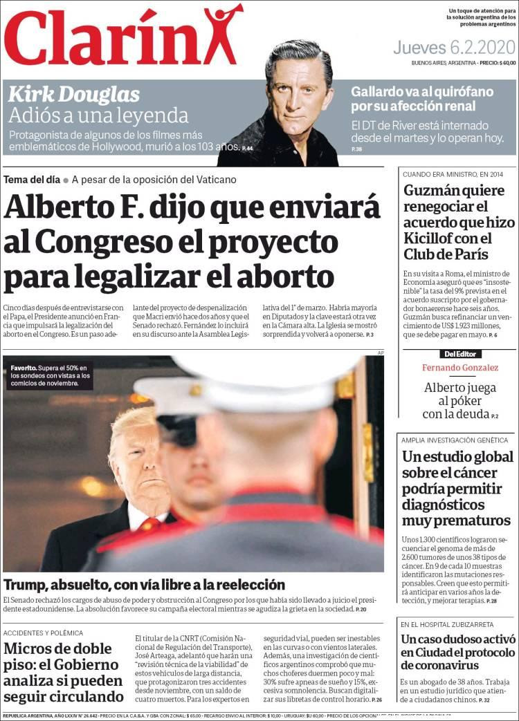 Tapas de Diarios, Clarín jueves 6 de febrero de 2020