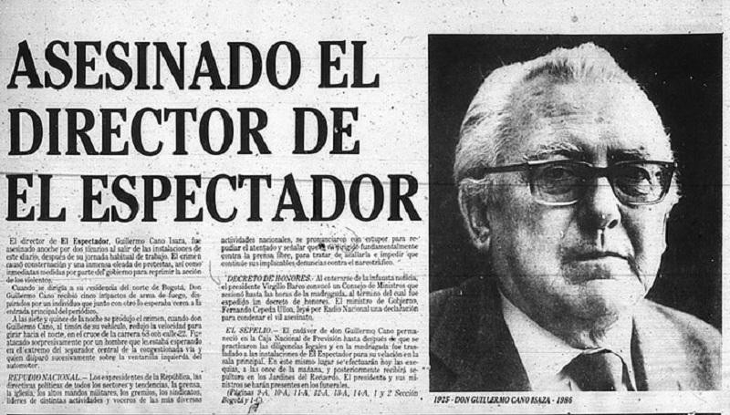 Portada del diario El Espectador al día siguiente del asesinato de su director Guillermo Cano Isaza