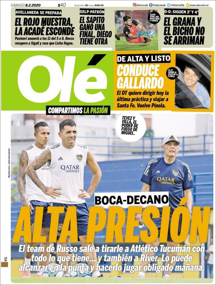 Tapas de Diarios, Olé sábado 8 de febrero de 2020