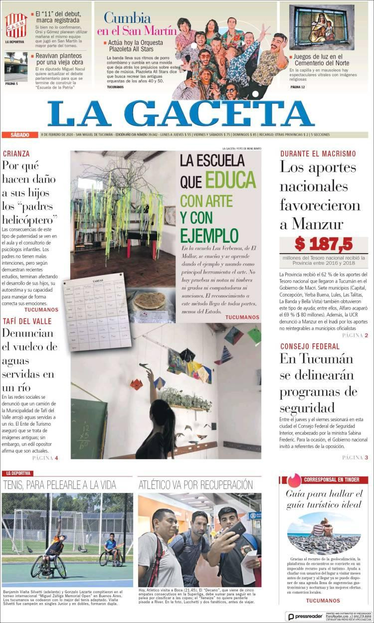 Tapas de Diarios, La Gaceta sábado 8 de febrero de 2020