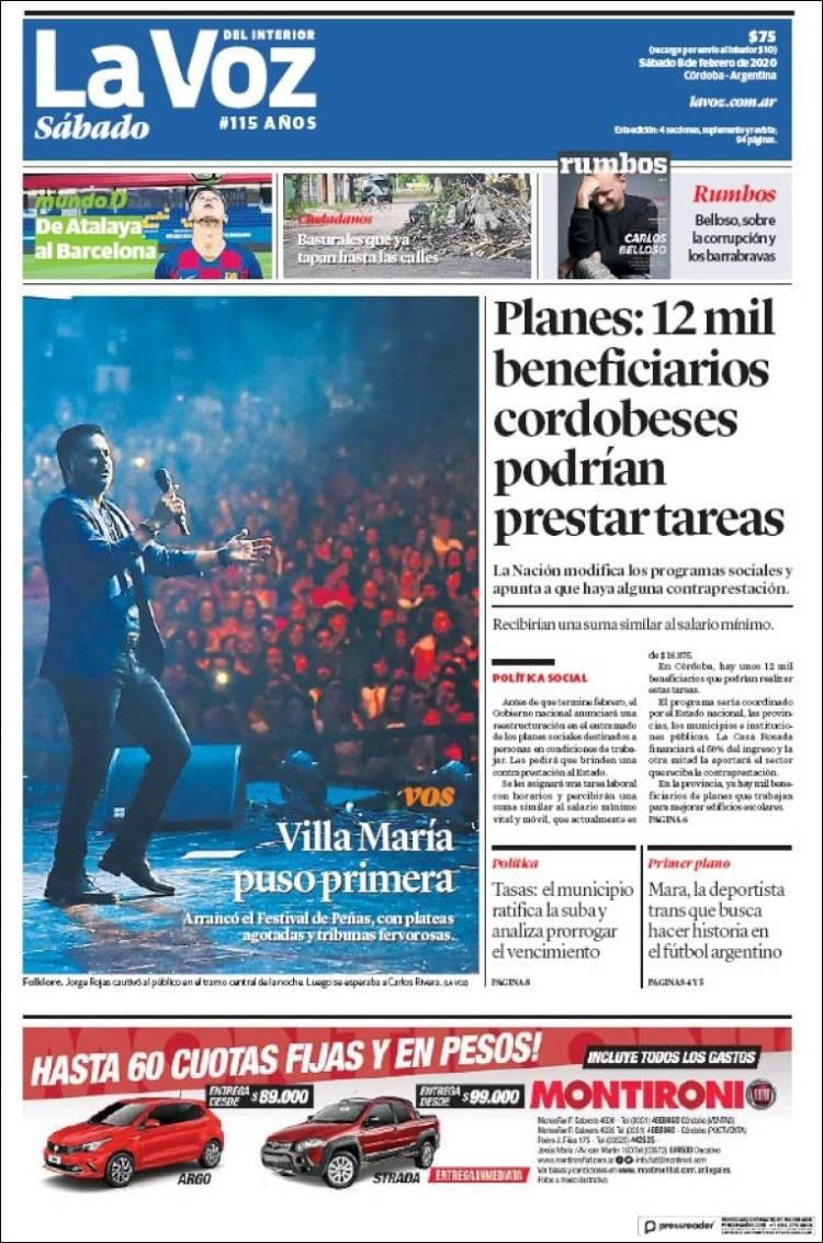 Tapas de Diarios, La Voz sábado 8 de febrero de 2020