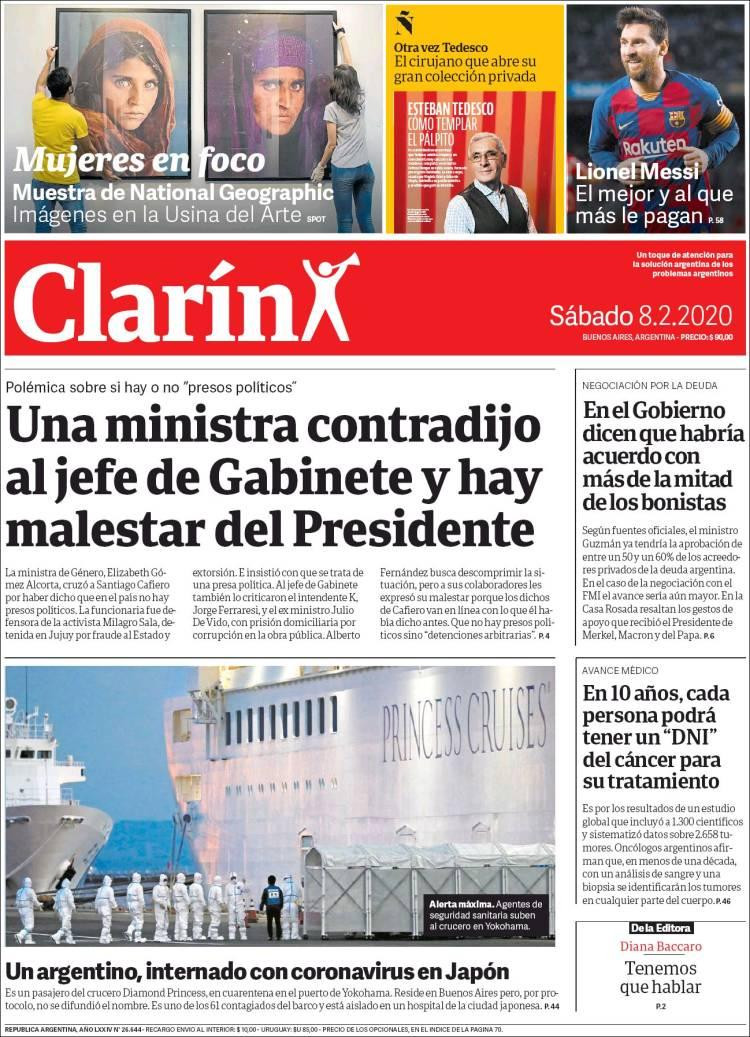Tapas de Diarios, Clarín sábado 8 de febrero de 2020