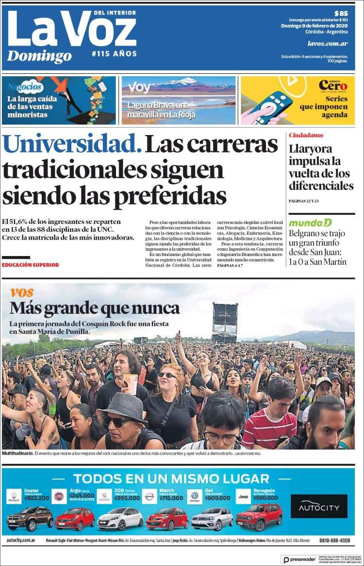 Tapas de Diarios, La Voz domingo 9 de febrero de 2020