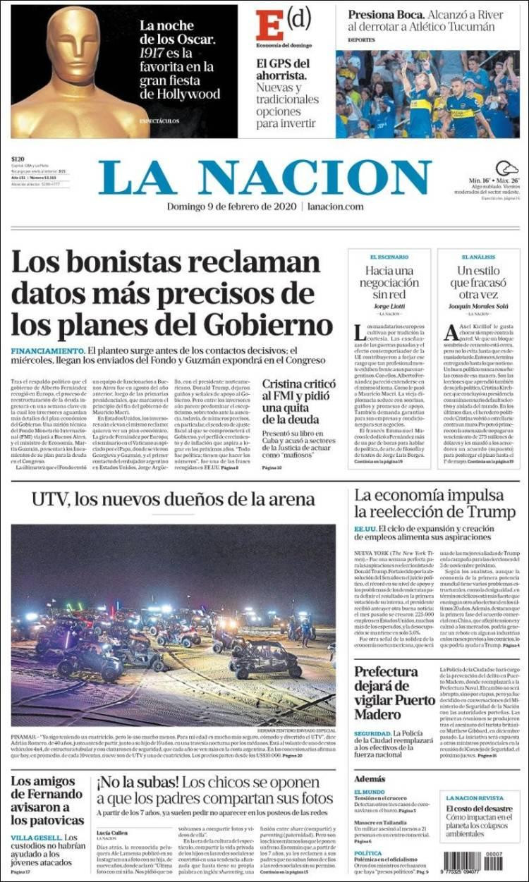 Tapas de Diarios, La Nación domingo 9 de febrero de 2020