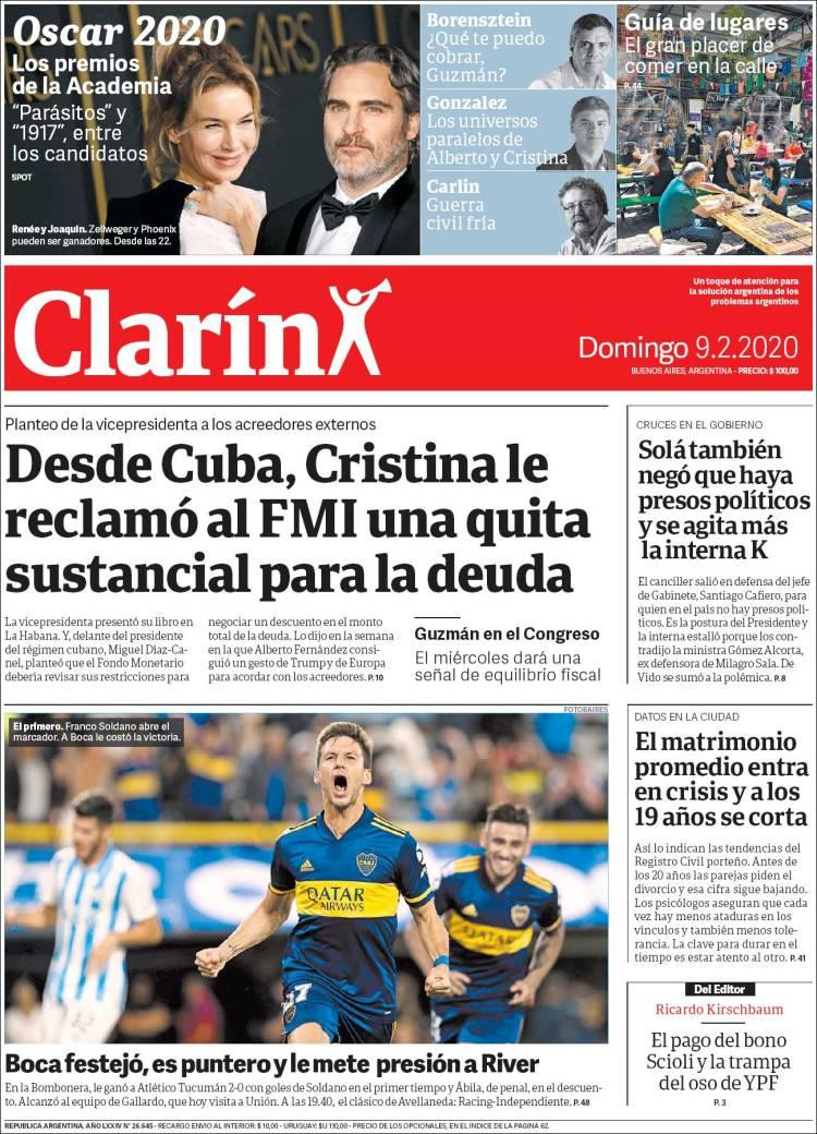 Tapas de Diarios, Clarín domingo 9 de febrero de 2020