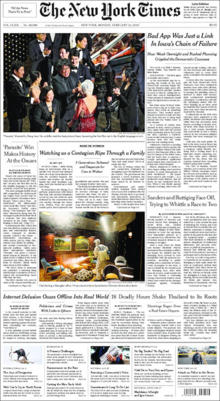 Tapas de Diarios, New York Times lunes 10 de febrero de 2020