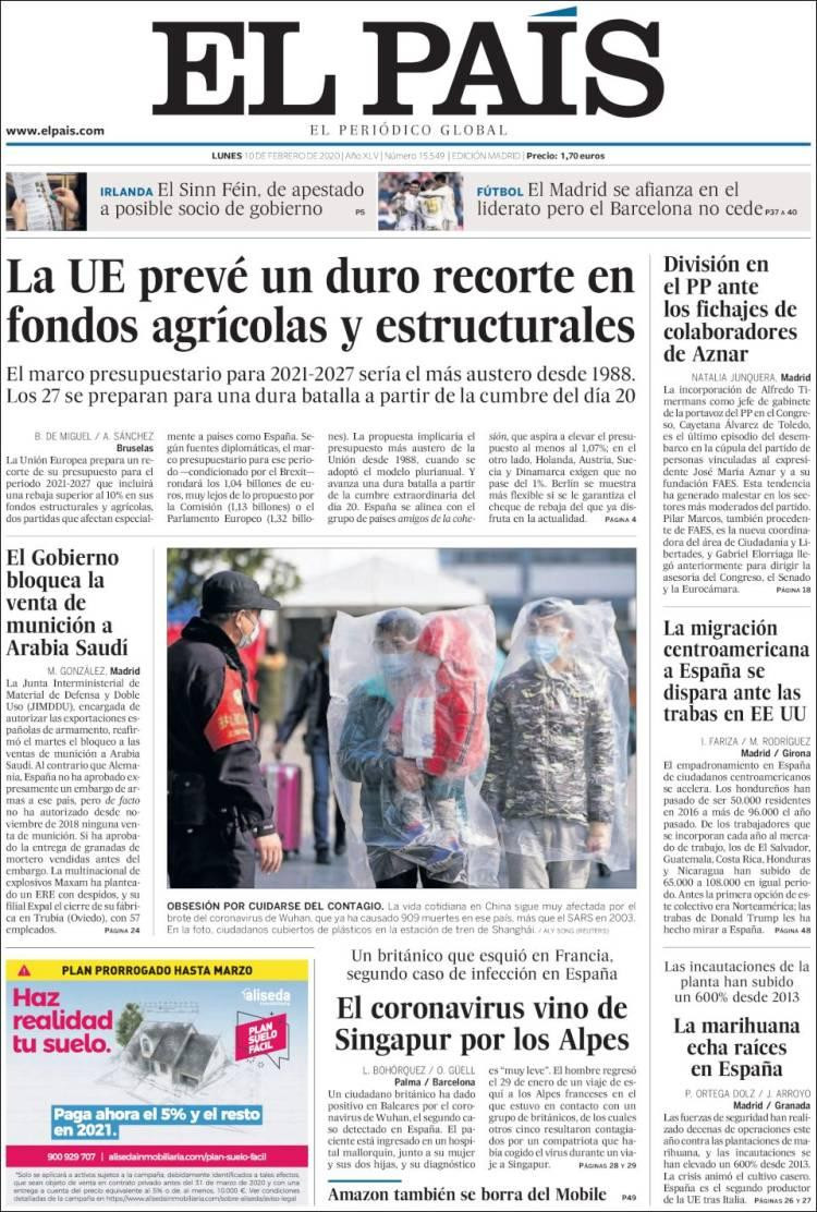 Tapas de Diarios, El País lunes 10 de febrero de 2020