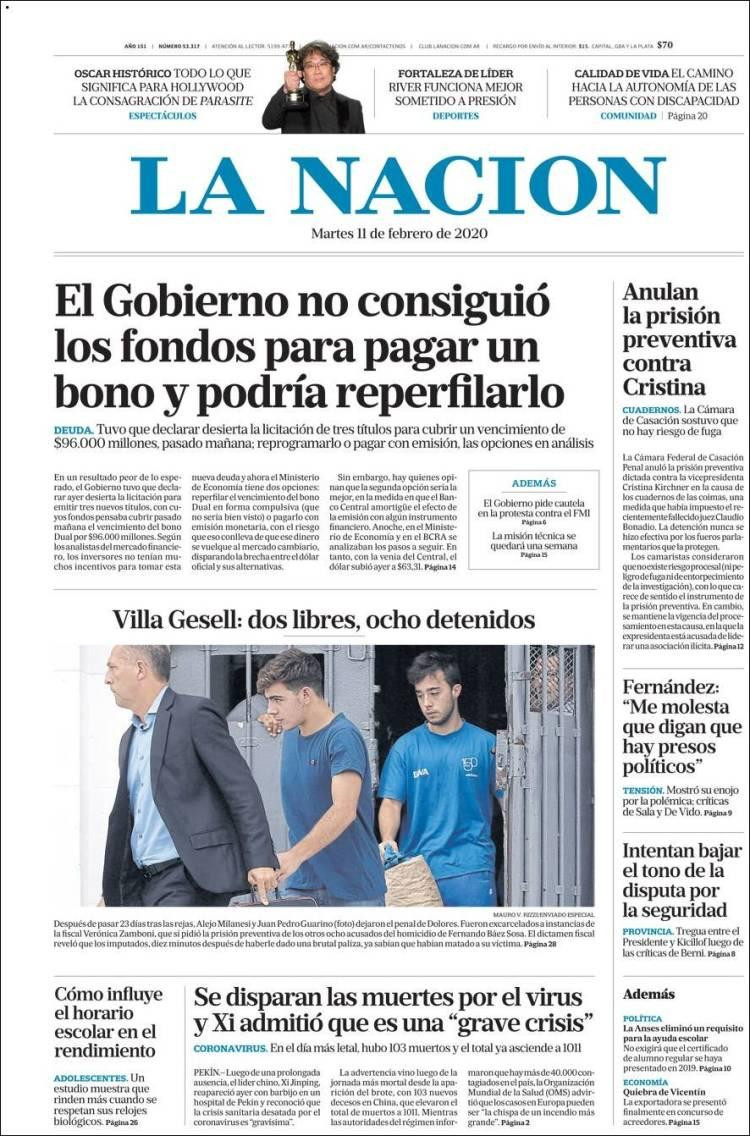 Tapas de Diarios, martes La Nación 11 de febrero de 2020