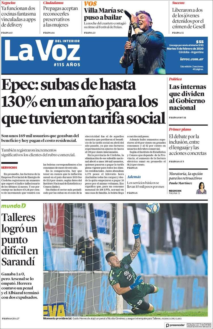 Tapas de Diarios, martes La Voz 11 de febrero de 2020