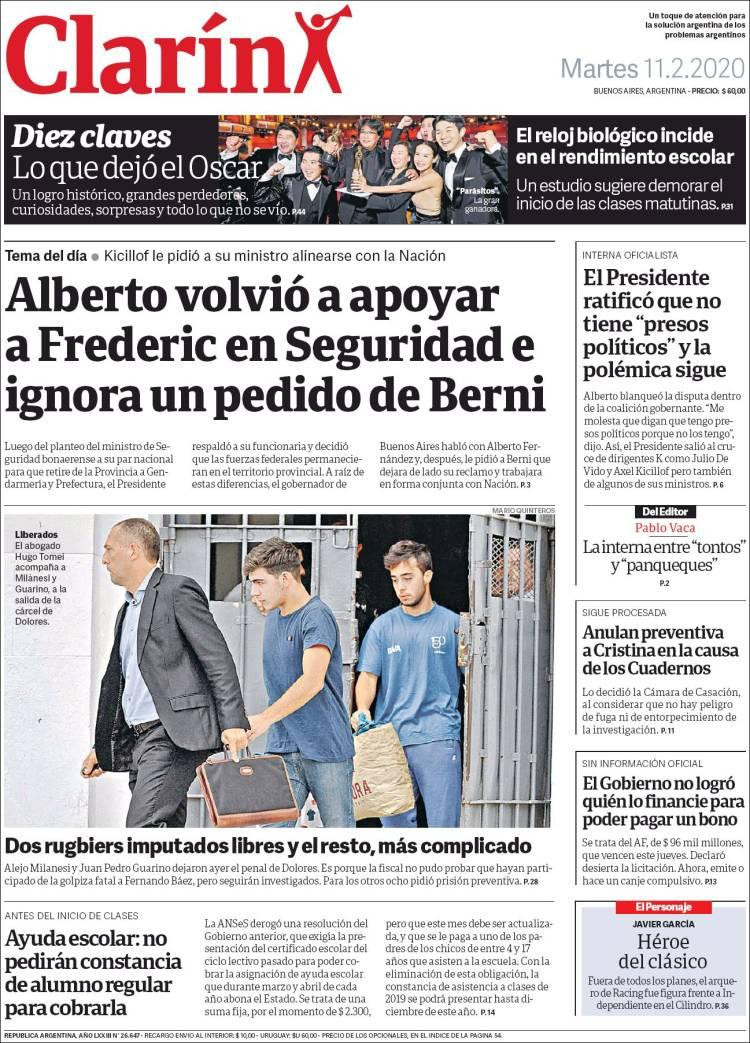 Tapas de Diarios, martes Clarín 11 de febrero de 2020