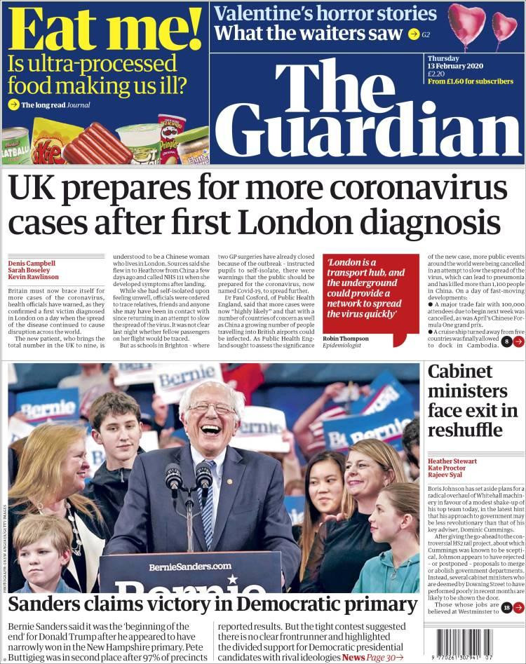 Tapas de diarios, Guardian, Jueves 13 de febrero de 2020