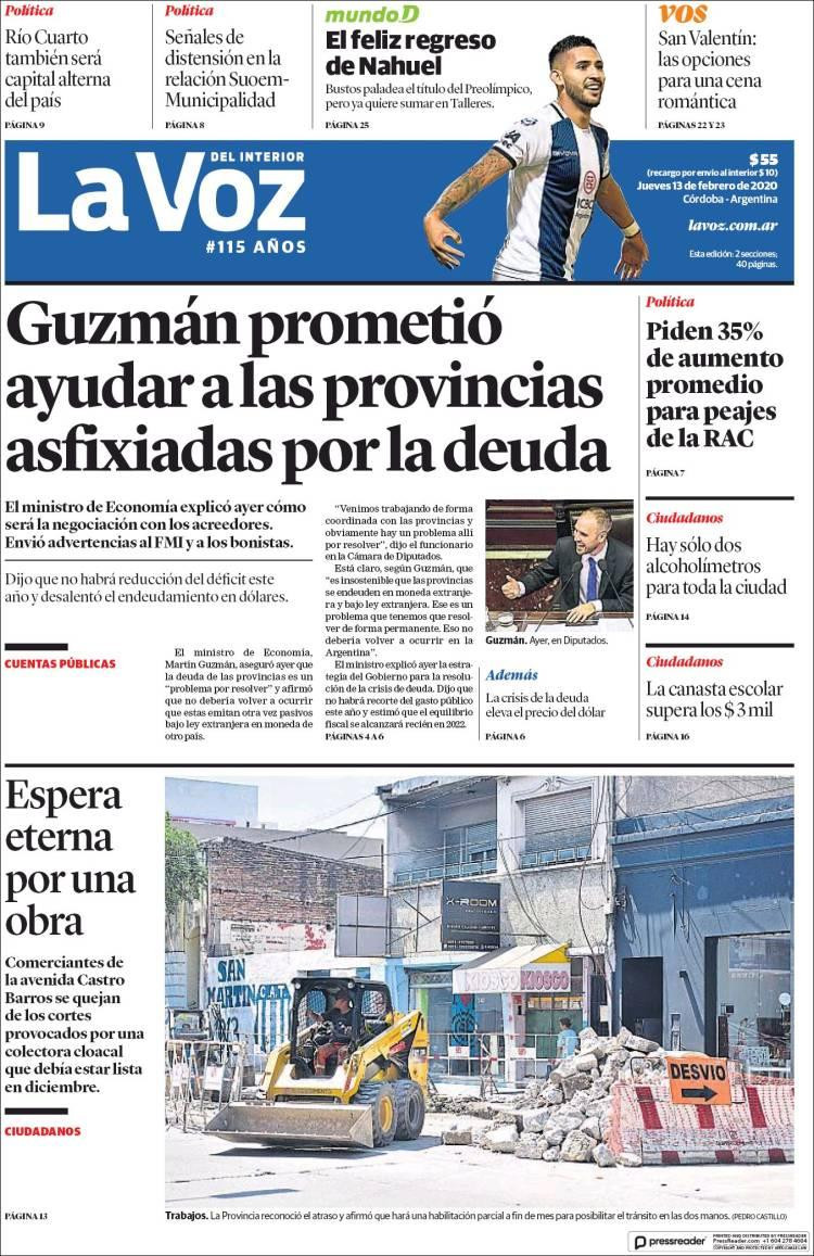 Tapas de diarios, La Voz, Jueves 13 de febrero de 2020