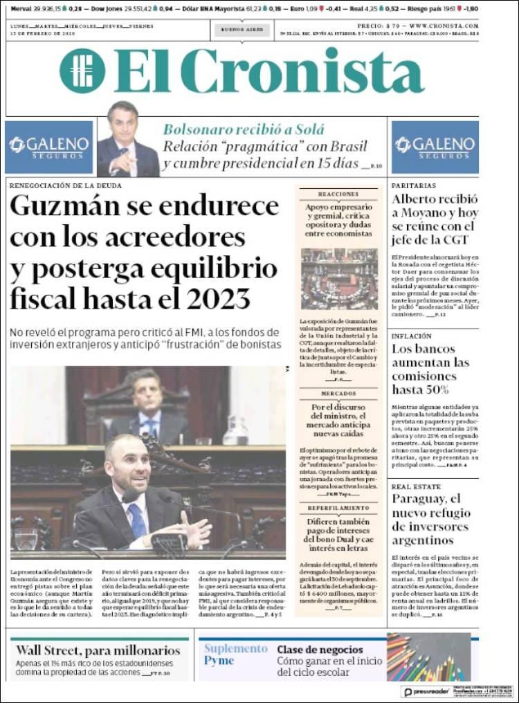 Tapas de diarios, El Cronista, Jueves 13 de febrero de 2020
