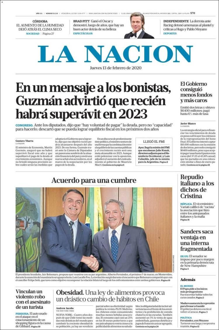 Tapas de diarios, La Nación, Jueves 13 de febrero de 2020