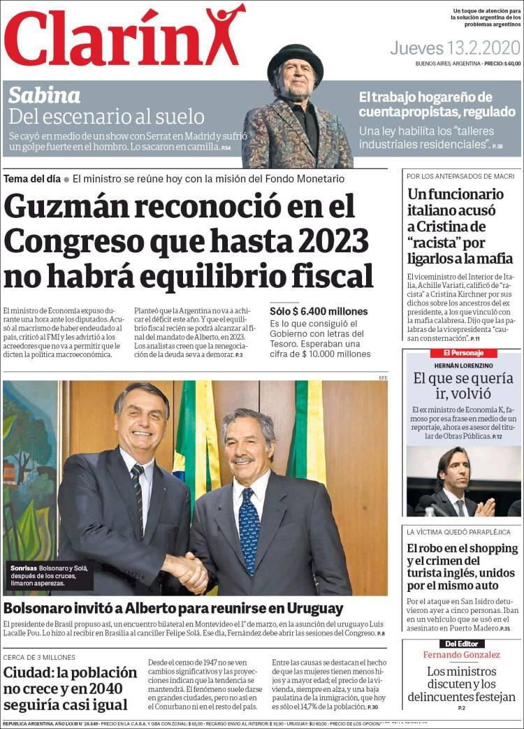 Tapas de diarios, Clarín, Jueves 13 de febrero de 2020