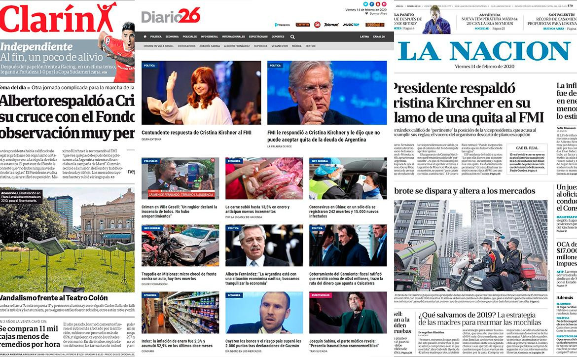 Tapas de diarios argentinos, 14-2-20