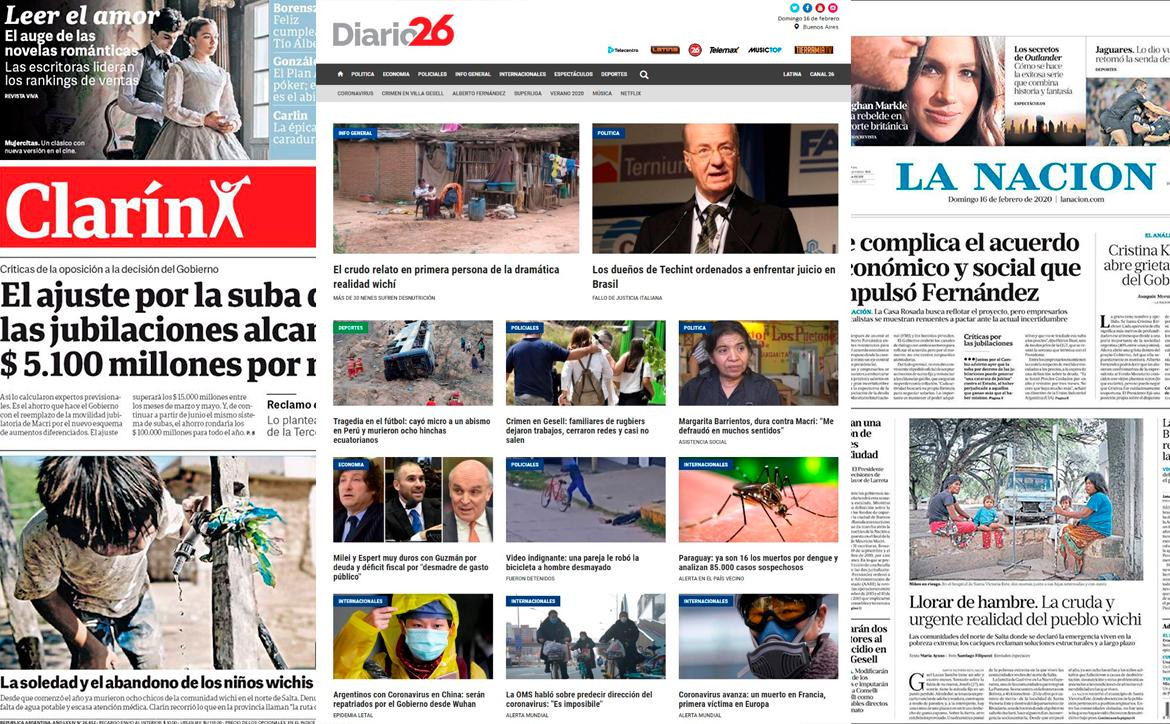 Tapas de diarios argentinos, 16 de febrero de 2020