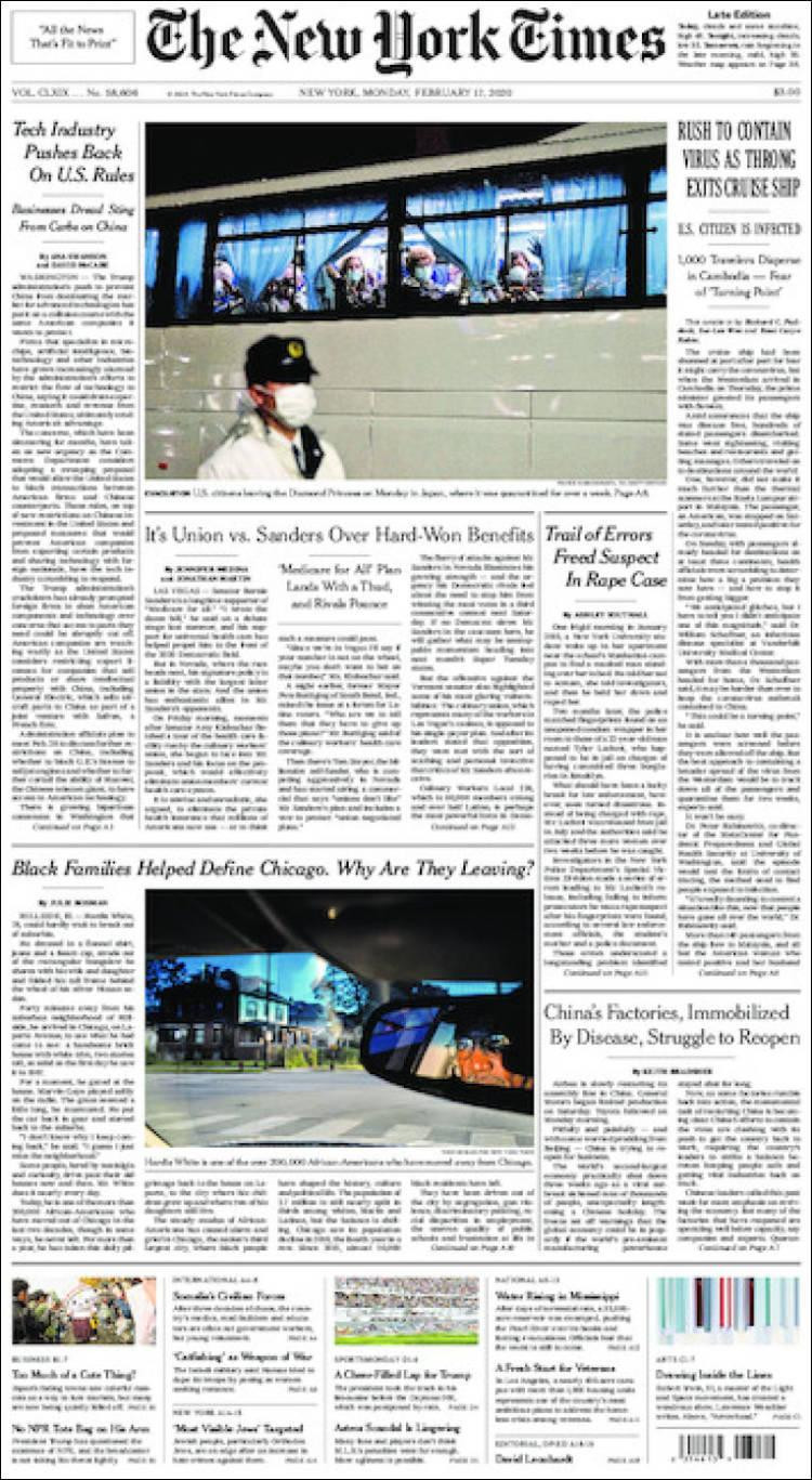 Tapas de diarios, New York Times lunes 17 de febrero de 2020