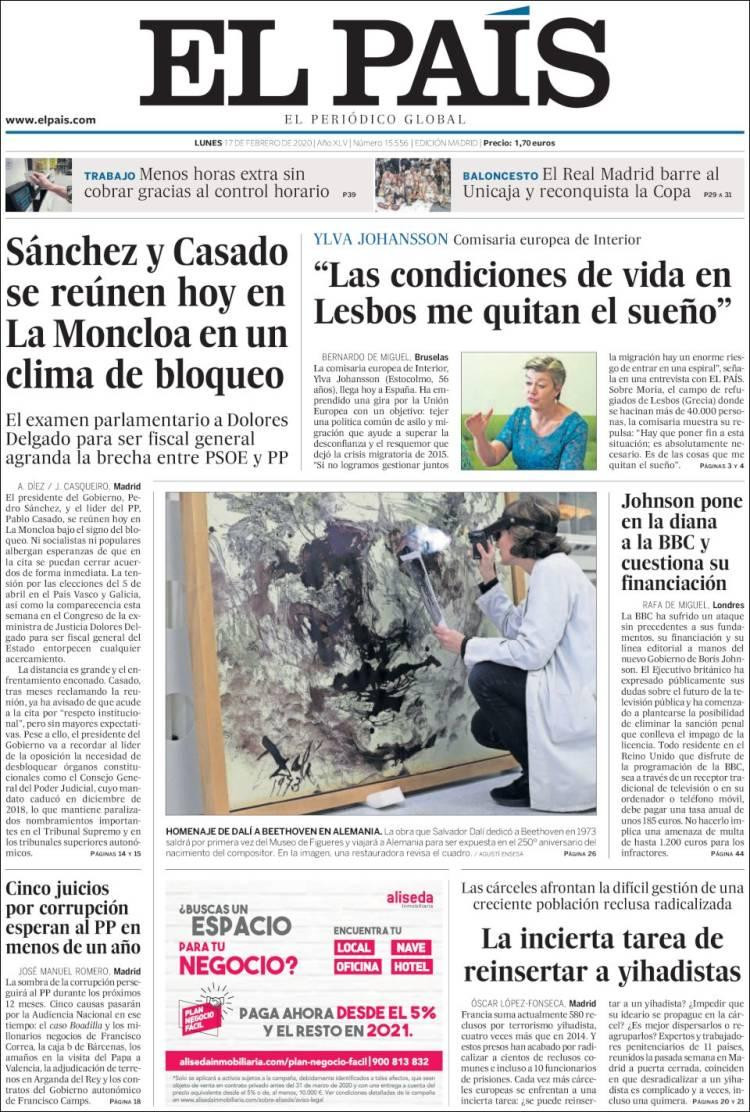 Tapas de diarios, El País lunes 17 de febrero de 2020