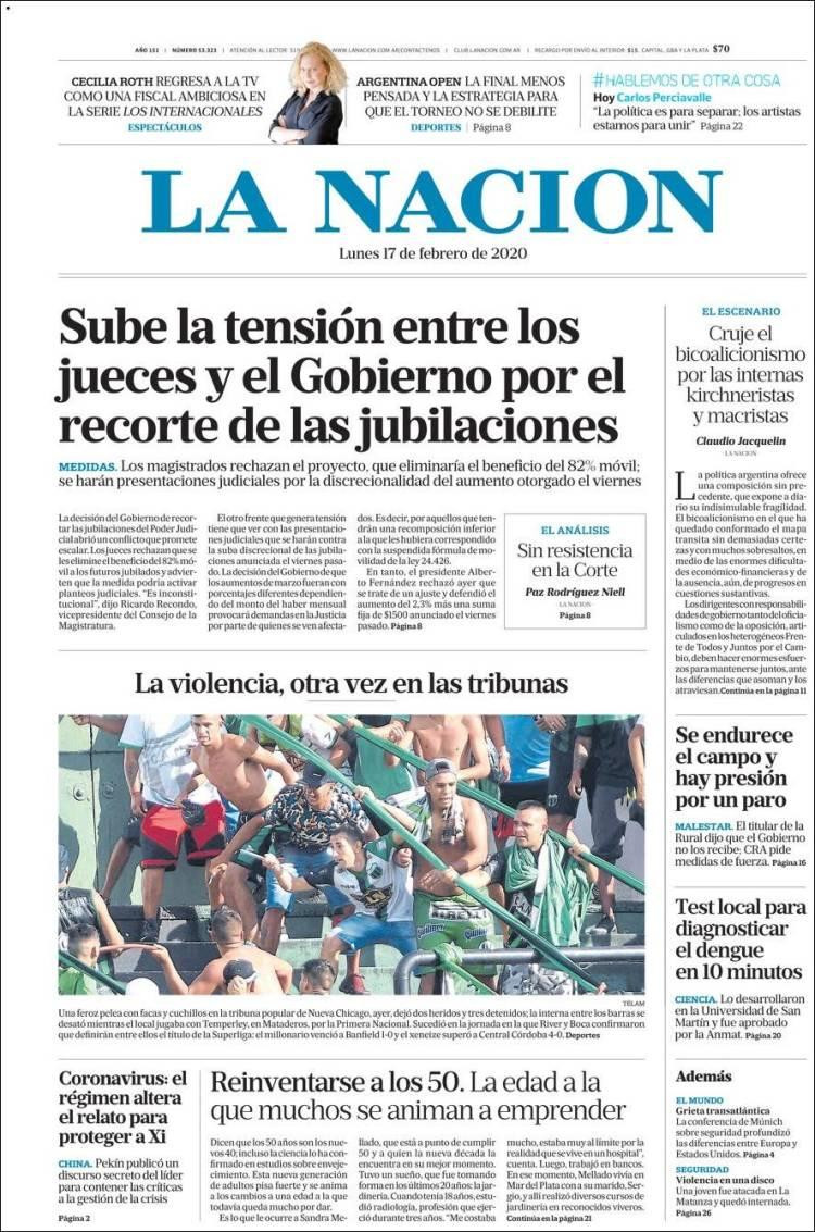Tapas de diarios, La Nación lunes 17 de febrero de 2020