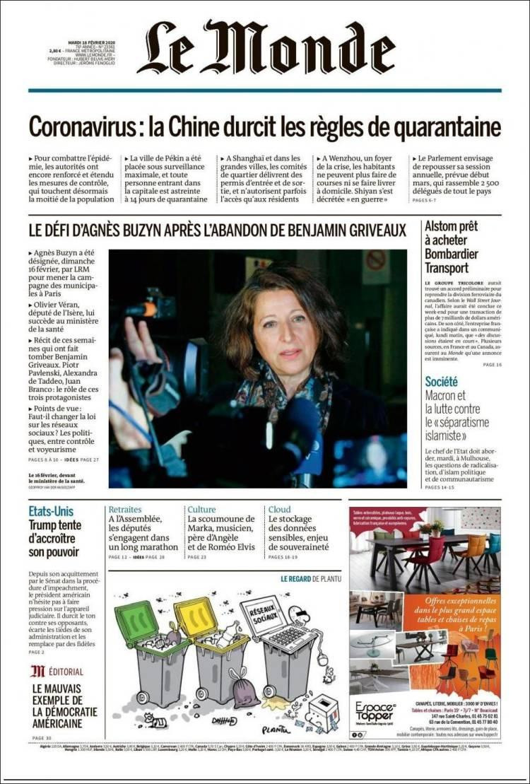 Tapas de diarios, Le Monde martes 18 de febrero de 2020