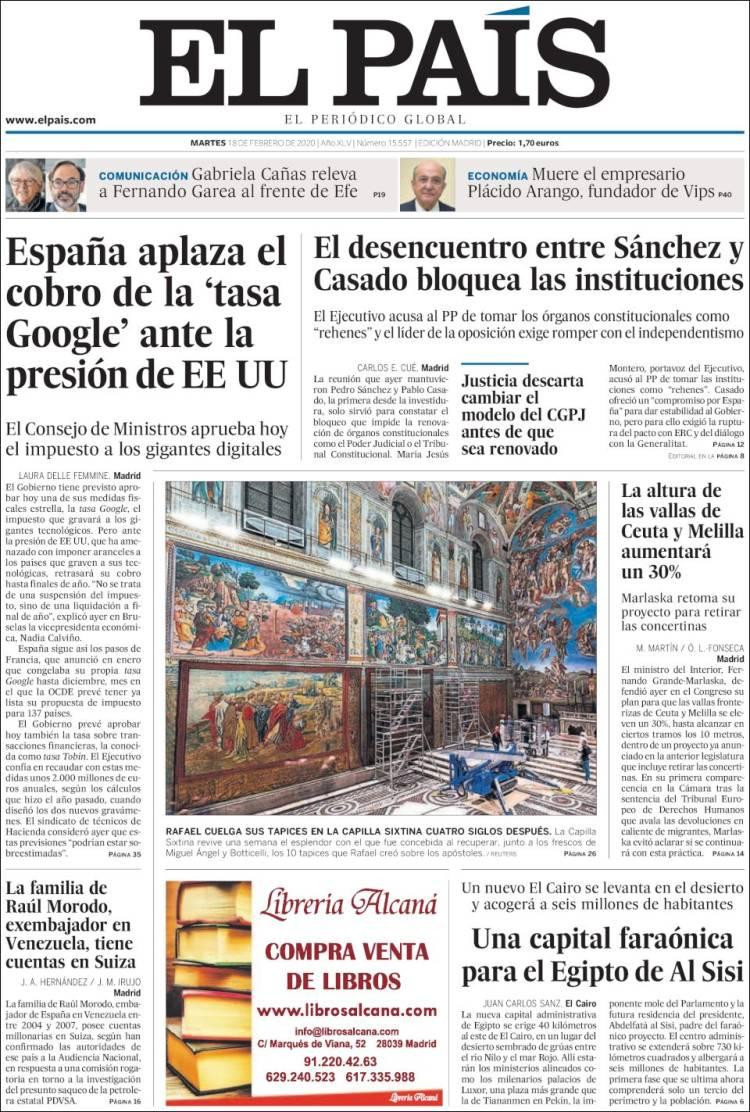 Tapas de diarios, El País martes 18 de febrero de 2020