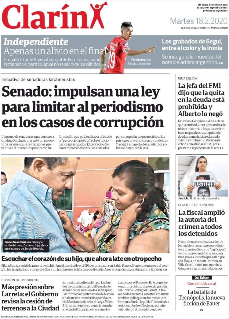 Tapas de diarios, Clarín martes 18 de febrero de 2020