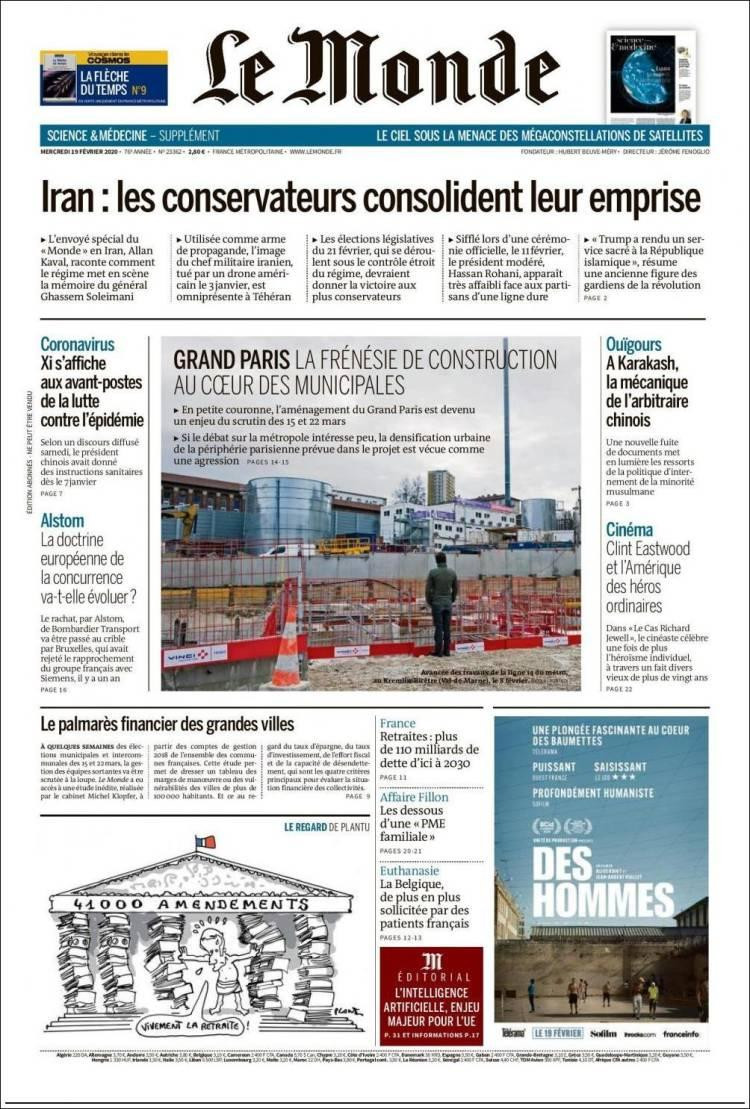 Tapas de diarios, Le Monde, miércoles 19 de febrero de 2020