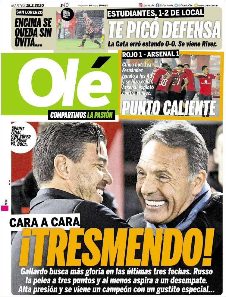 Tapas de diarios, Olé, miércoles 19 de febrero de 2020