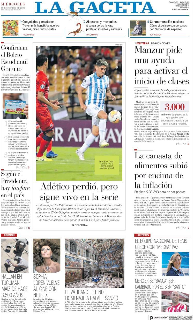 Tapas de diarios, La Gaceta, miércoles 19 de febrero de 2020