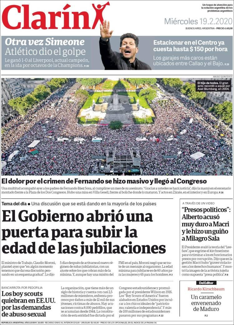 Tapas de diarios, Clarín, miércoles 19 de febrero de 2020